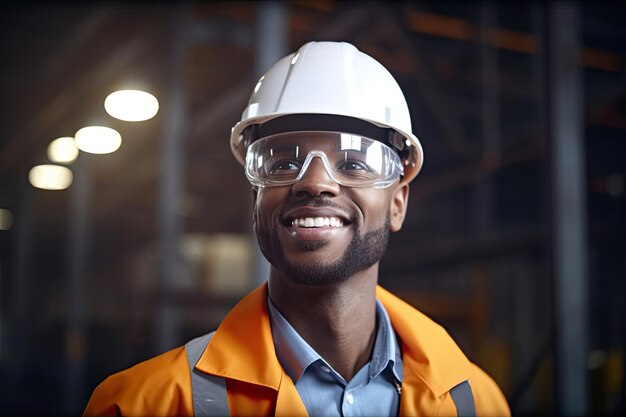 Ingenieurarbeiter mit einheitlicher Brille und Schutzhelm in einer Stahlfabrik. Lächelnder afroamerikanischer Industriespezialist, der in einer Metallbaufertigung steht