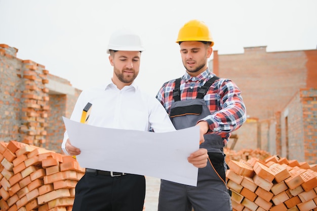 Ingenieurarchitekt mit Schutzhelm und Sicherheitsweste, der im Team auf einer Großbaustelle zusammenarbeitet