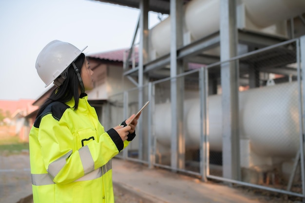 Ingenieure arbeiten am Arbeitsplatz, um den Zeitplan für die vorbeugende Wartung von flüssigem Helium zu überprüfen