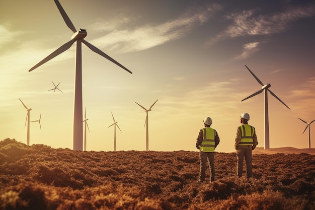 Ingenieure arbeiten an einem Windpark. Zukünftige Produktion erneuerbarer, nachhaltiger Energie und Klimawandel. Generative KI