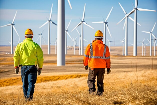 Ingenieure arbeiten an einem Windpark. Zukünftige Produktion erneuerbarer, nachhaltiger Energie und Klimawandel. Generative KI