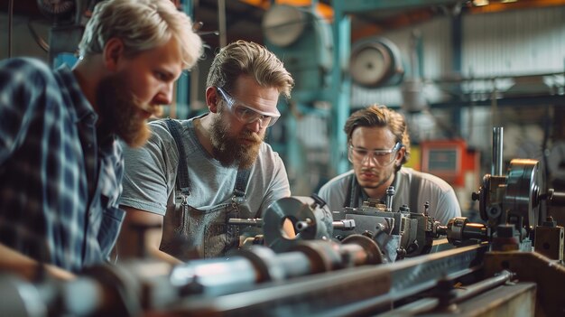 Foto ingenieure arbeiten an einer maschine mit vielen arbeitern, die sie mit einem verschwommenen hintergrund umgeben generative ki