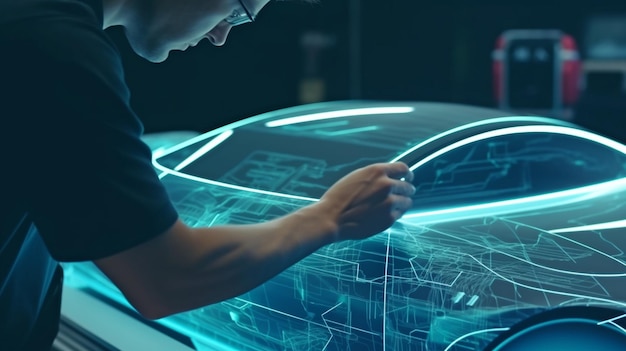 Ingenieure, die an Automobildesign arbeiten, verwenden eine holographische Tablet-App CreateGenerative AI