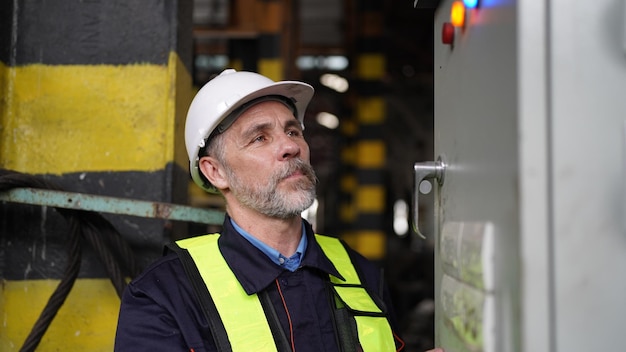 Ingenieure, die in der Fabrik im Kraftwerk arbeiten und die elektrische Steuerbox in der Fabrik warten