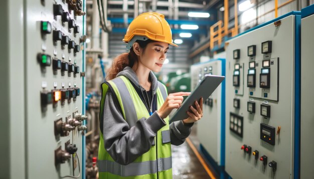 Ingenieure in Sicherheitswesten, die ein Tablet auf einer Baustelle in der Dämmerung benutzen und über Projektpläne diskutieren