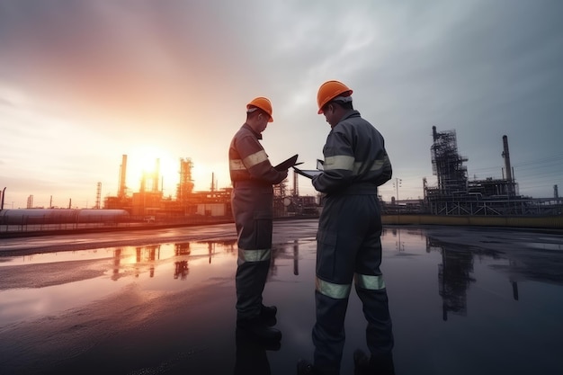 Ingenieure in Uniform gehen und halten ein Tablet in der Hand