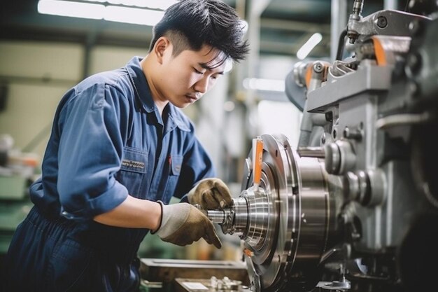 Ingenieure, Männer in Uniform, Sicherheitsarbeiter, die Instandhaltung in der Fabrik durchführen, Maschinendrehmaschinen