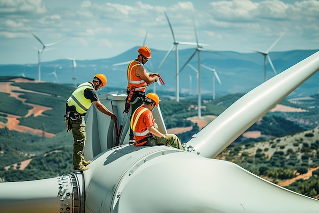 Ingenieure montieren Windturbinen in einem Windpark und nutzen Windenergie, um saubere und erneuerbare Energie zu erzeugen