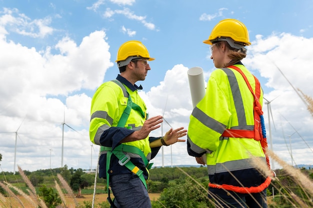 Ingenieure treffen sich auf dem Feld für elektrische Turbinen