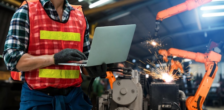 Foto ingenieure verwenden fortschrittliche robotersoftware, um den roboterarm der industrie in der fabrik zu steuern