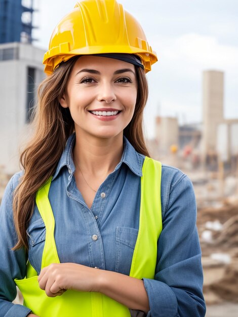 Ingenieurin Bauarbeiterin in Uniformweste und orangefarbenem Schutzhelm gegen Neubau Prope