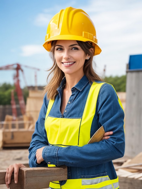 Foto ingenieurin bauarbeiterin in uniformweste und orangefarbenem schutzhelm gegen neubau prope