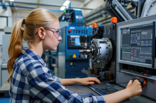 Foto ingenieurin, die elektronik in einem hightech-fabrikbüro entwirft