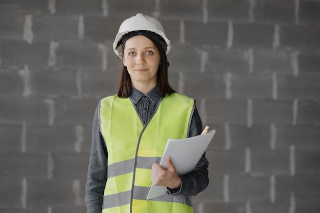 Ingenieurin in weißem Helm und Warnweste der Ingenieur auf der Baustelle