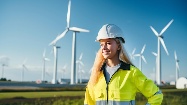 Ingenieurin mit gelbem Schutzhelm im Windmühlenkraftwerk