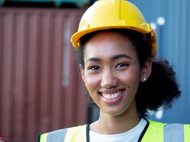 Ingenieurin weiblich Hardhat Helm Mitarbeiter Person Fabrik Südafrika Blick in die Kamera Emotion glückliches Lächeln Service Import Export Container Technologie Handelslogistik Fracht Bauindustrie