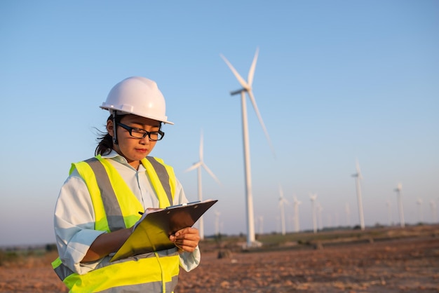 Ingenieurinnen arbeiten und halten den Bericht in der Stromgeneratorstation des Windturbinenparks auf den Menschen in den Bergen Thailands