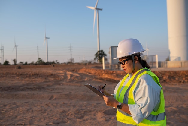 Ingenieurinnen arbeiten und halten den Bericht in der Stromgeneratorstation des Windturbinenparks auf den Menschen in den Bergen Thailands