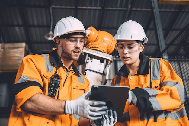 Ingenieurteam Serviceroboterschweißen, das in der Automatisierungsfabrik arbeitet Mitarbeiter in Sicherheitsanzügen arbeiten an der Softwareprogrammierung des Roboterarms oder ersetzen Teile in der Technologie der automatisierten Fertigungsindustrie