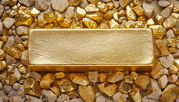 Ingot de ouro brilhante em pepitas de ouro vista de cima