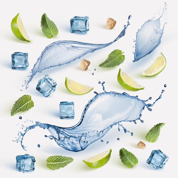 Ingrediente Mohito: rodajas de limón fresco, menta, salpicaduras de agua, azúcar y cubitos de hielo aislados en la superficie blanca