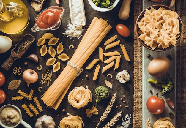 Ingrediente de pasta y comida en la oscuridad