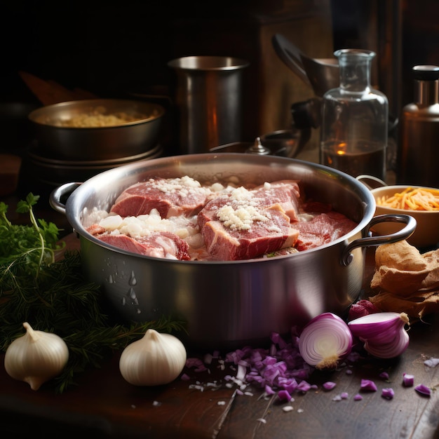 Ingredientes para una abundante sopa de carne Carne fresca en la escena de la cocina