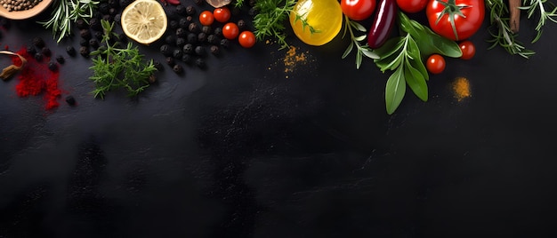 Ingredientes alimentares coloridos em ardósia preta rústica Vista superior de azeite de oliva cereja tomate ervas e Sp