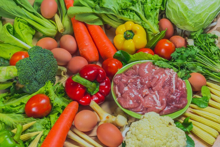 Foto ingredientes alimentares, peixes, carne e legumes