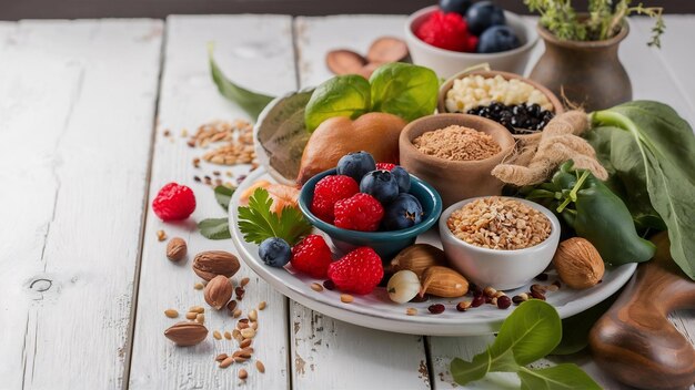 Foto ingredientes alimenticios saludables en una mesa blanca de madera