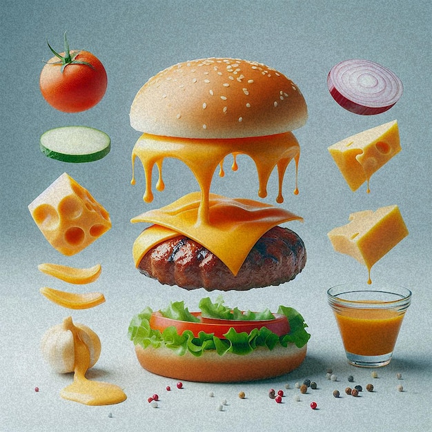 Foto ingredientes antiguos de una hamburguesa flotando en el aire separados sobre un fondo plano 04