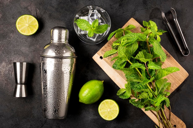 Ingredientes para la bebida mojito Lemon mint y bar ware