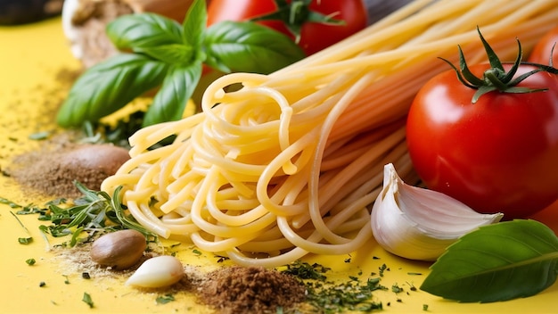 Ingredientes brutos para fazer macarrão, espaguete, tomates, alho e folhas de manjericão