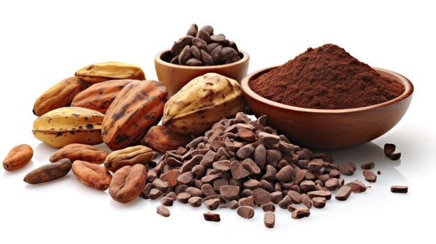 Ingredientes de cacao con granos de cacao, vaina de cacao fresca y masa de cacao aislados sobre un fondo blanco