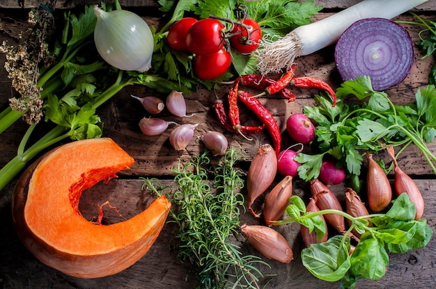 Ingredientes de calabaza y verduras para sopa otoñal