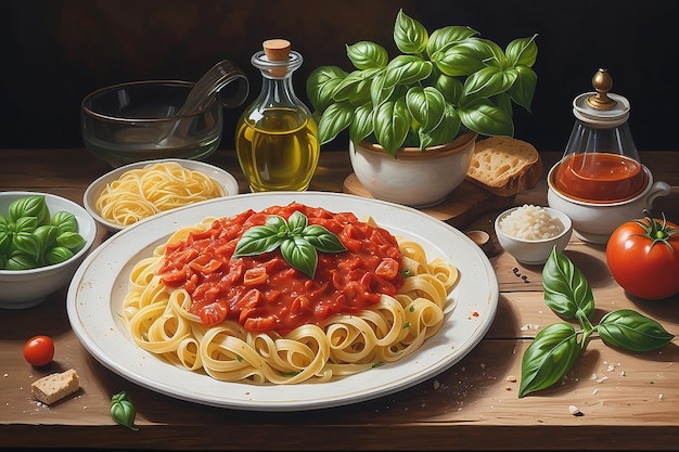 Ingredientes para cocinar comida italiana y plato vacío.