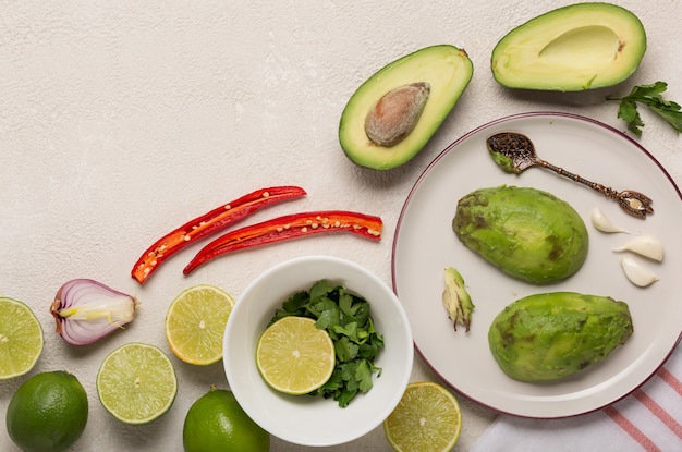 Ingredientes para cocinar salsa mexicana con guacamole