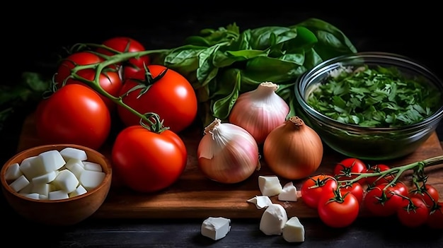 Ingredientes para cocinar Shakshuka Huevos cebollas ajo tomates pimientos espinacas AI Generativo