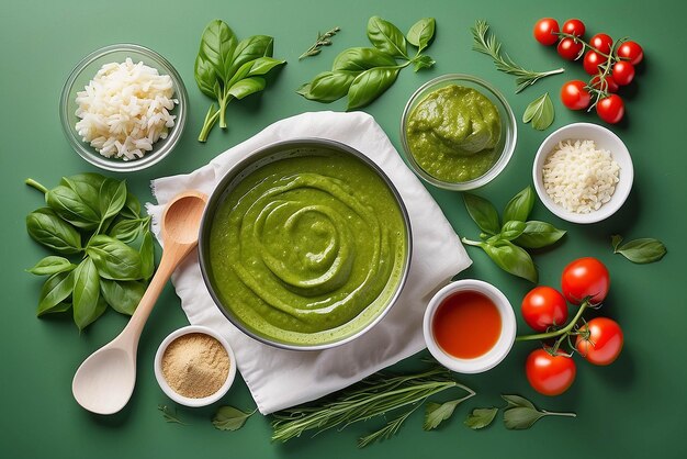 Ingredientes crudos de salsa de pesto y utensilios de cocina en la mesa blanca aislados en verde