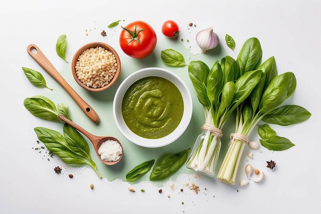 Ingredientes crudos de salsa de pesto y utensilios de cocina en la mesa blanca aislados en verde