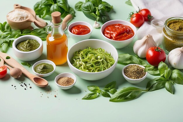 Ingredientes crudos de salsa de pesto y utensilios de cocina en la mesa blanca aislados en verde