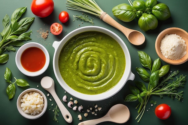 Ingredientes crudos de salsa de pesto y utensilios de cocina en la mesa blanca aislados en verde