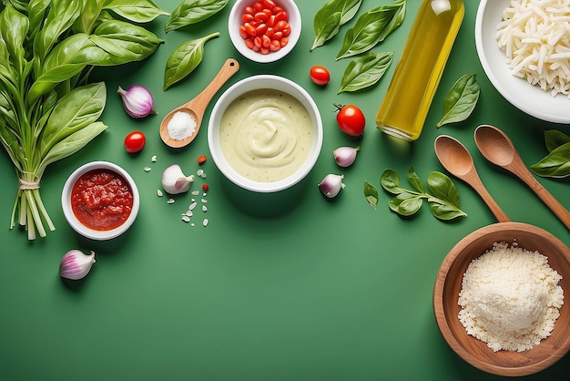 ingredientes crus de molho de pesto e utensílios de cozinha em mesa branca isolados em verde