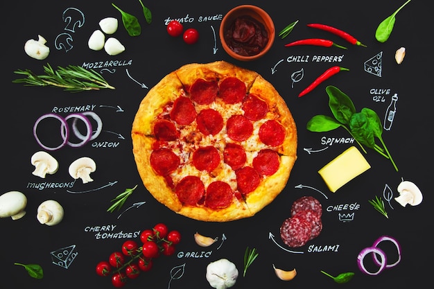 Ingredientes da pizza e nomes de produtos escritos com giz em uma receita de menu de banner de fundo preto