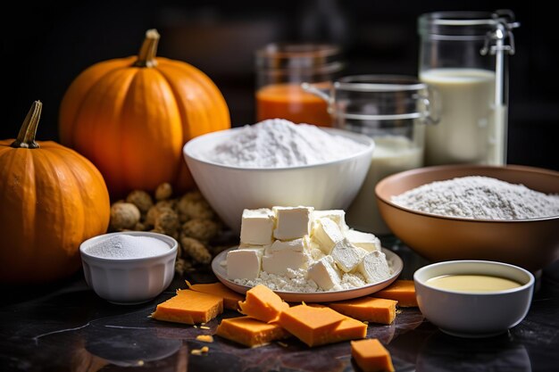 Ingredientes da torta de abóbora em uma bancada de cozinha