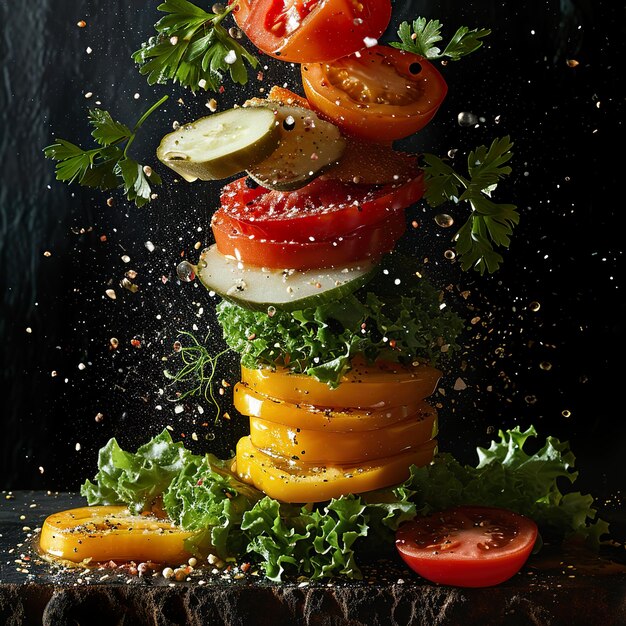 Foto ingredientes de hambúrguer pendurados no ar imagem conceitual colorida da culinária de hambúrgueres