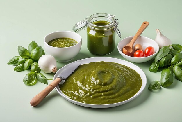 Ingredientes de molho de pesto e utensílios de cozinha em mesa branca isolados em verde