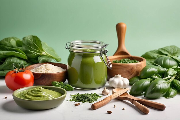 Ingredientes de molho de pesto e utensílios de cozinha em mesa branca isolados em verde