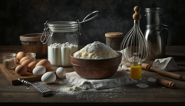 Ingredientes de panificação Farinha Ovos Açúcar Manteiga IA generativa