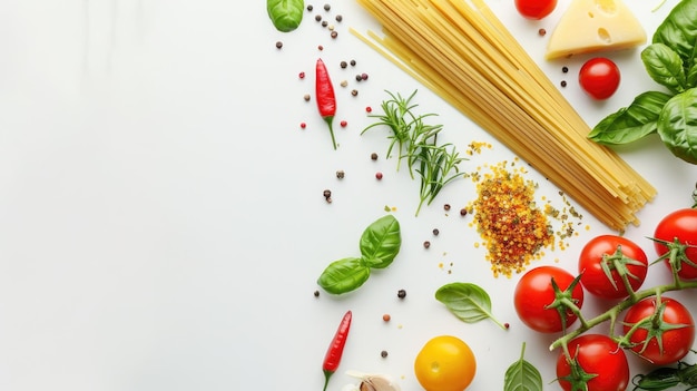 ingredientes de pasta em cima de um fundo branco intocado fotografado de cima oferecendo uma vista panorâmica dos elementos essenciais culinários